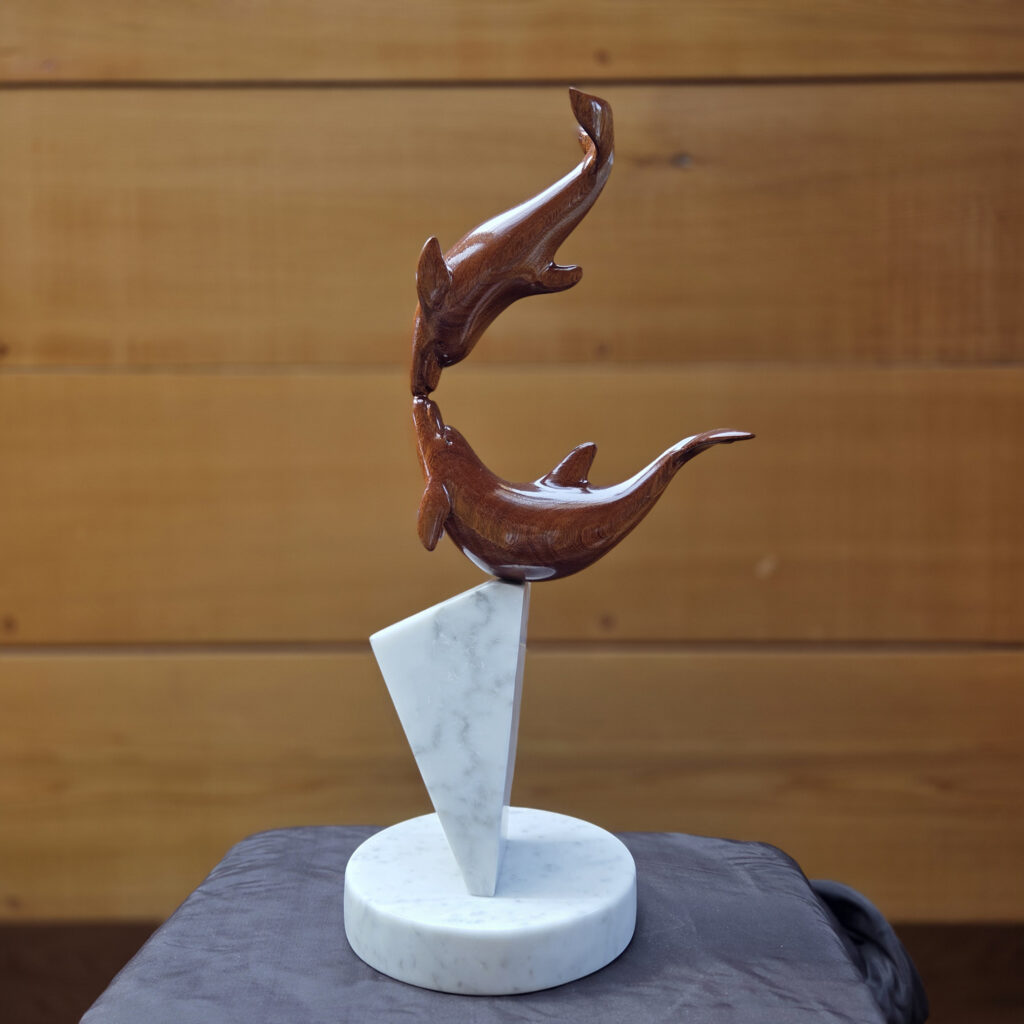 Dolphin Wood Sculptures in the Gallery, from Vancouver Island Red Cedar with Marble Base