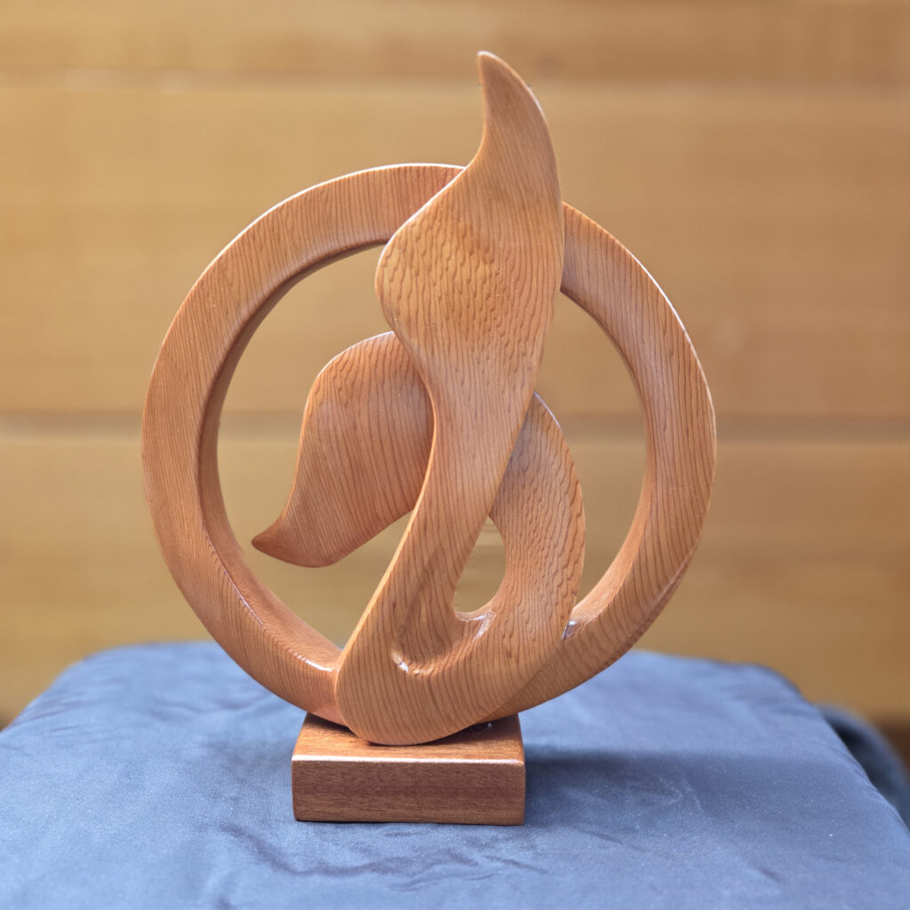 Whale Tail Wood Sculptures in the Gallery, from Vancouver Island Red and Yellow Cedar