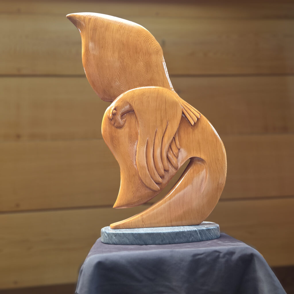 Whale Tail Wood Sculptures in the Gallery, from Vancouver Island Red and Yellow Cedar