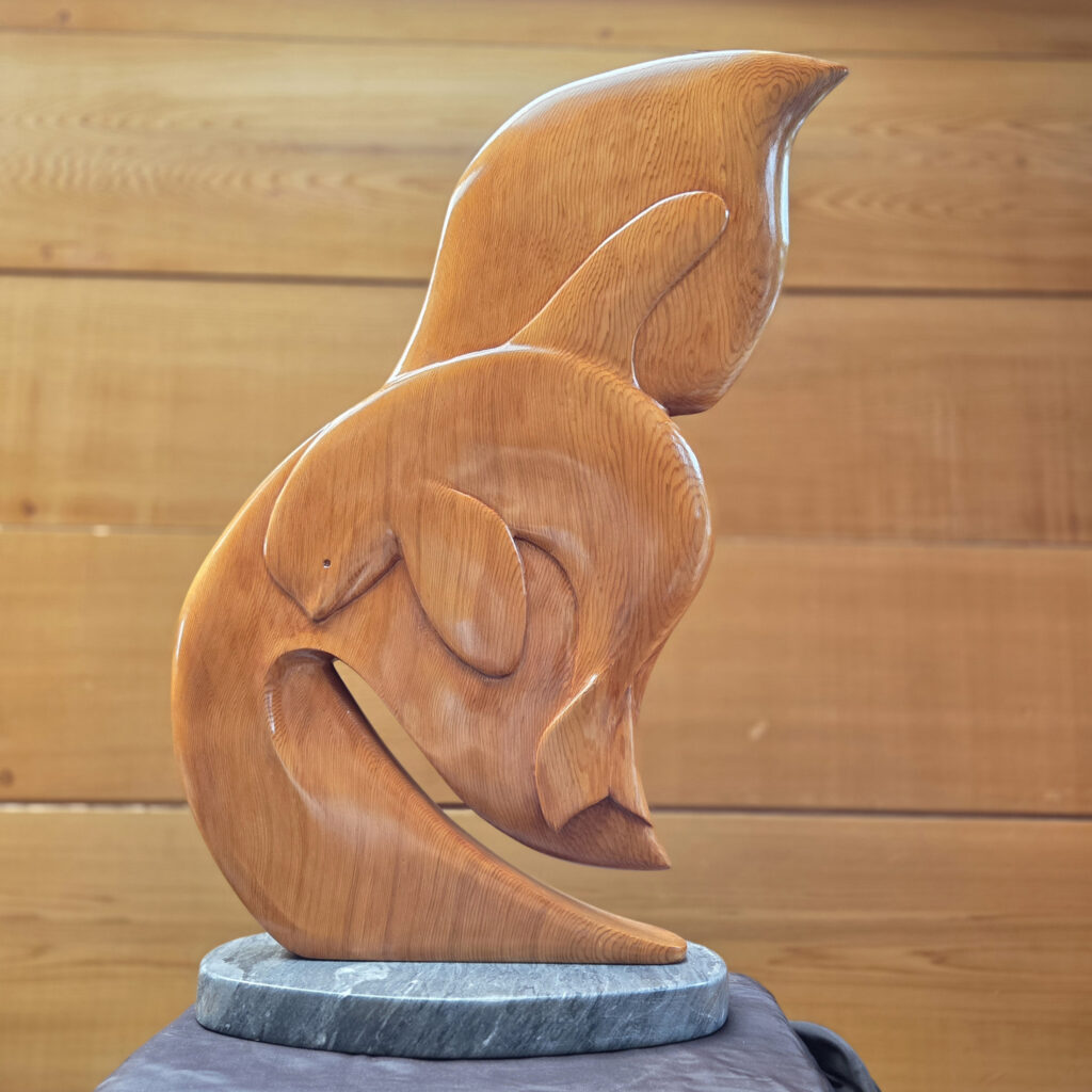 Whale Tail Wood Sculptures in the Gallery, from Vancouver Island Red and Yellow Cedar