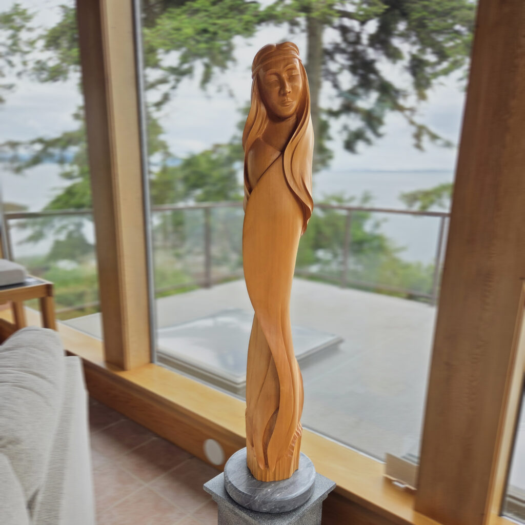 Woman, Eagle Wood Sculptures in the Gallery, from Vancouver Island Cedar with Marble Base