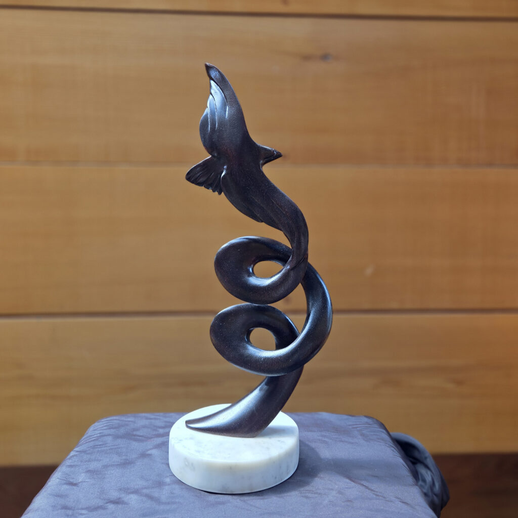 Eagle Wood Sculptures in the Gallery, from Vancouver Island Black Stained Cedar with Marble Base