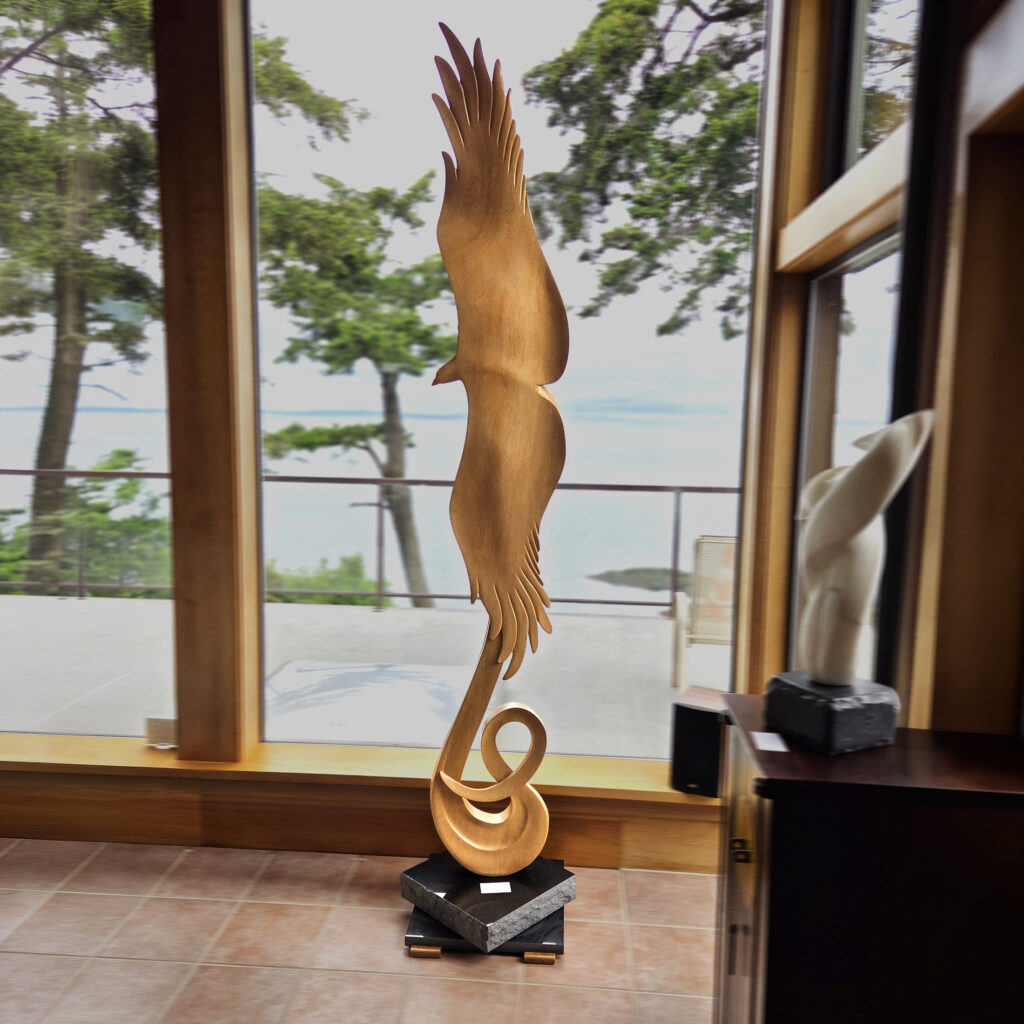 Eagle Wood Sculptures in the Gallery, from Vancouver Island Yellow Cedar with Marble Base