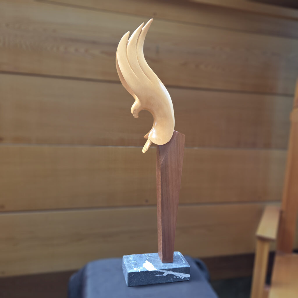 Eagle Wood Sculptures in the Gallery, from Vancouver Island Yellow Cedar with Red Cedar Base